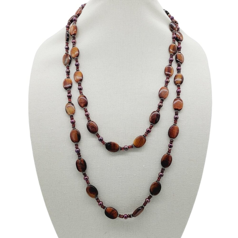 Red Tiger's Eye Pearl & Glass Beaded Necklace 58" Sterling Silver Toggle Clasp
